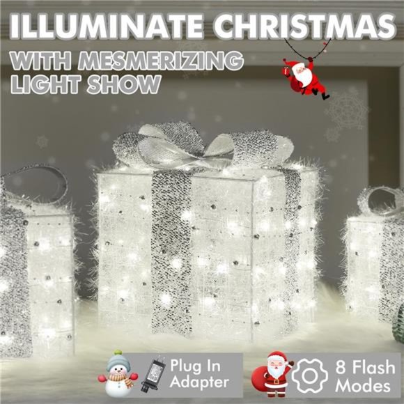 Christmas Lighted Gift Boxes, 140 LEDs Light Up Presents, 8 Modes, Set of 3 - Picture 3 of 7